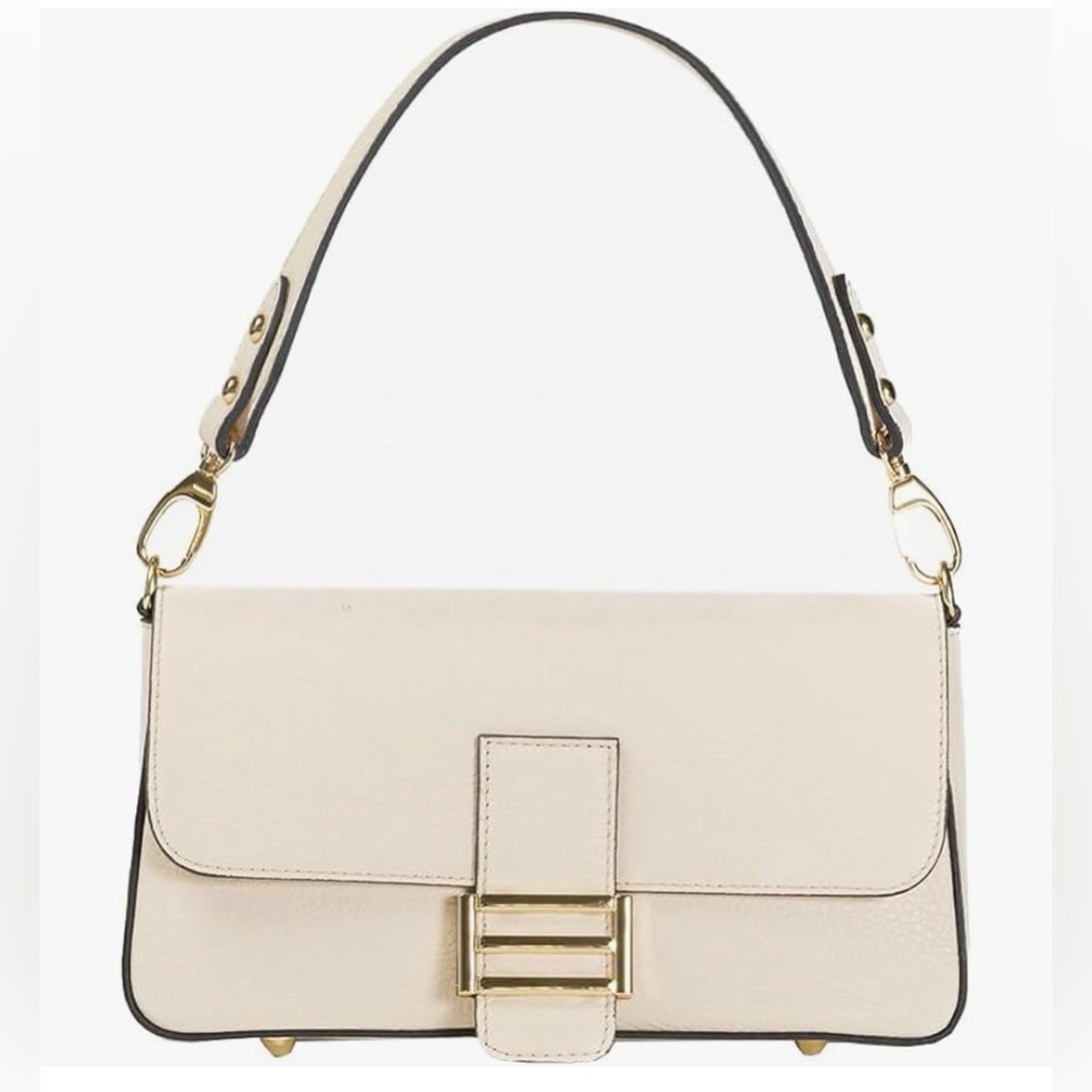 Divina Firenze Italian Leather Shoulder Bag Beige Pebbled Gold Hardware & Strap🤍